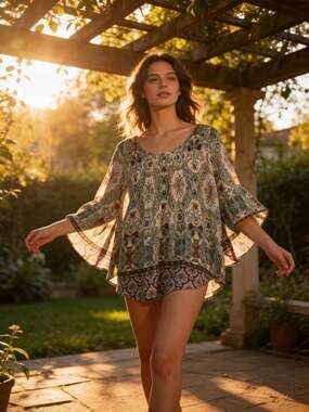 Artesia Boho Paisley Print Bell Sleeve Pleated Front Blouse Size Medium
